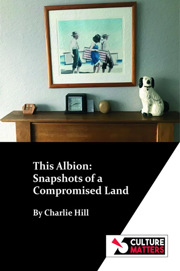 A framed watercolour painting of three people on a beach sits on a wooden mantle next to a small clock, a wooden sphere, and a ceramic dog figurine with the text This Albion: Snapshots of a Compromised Land by Charlie Hill below.